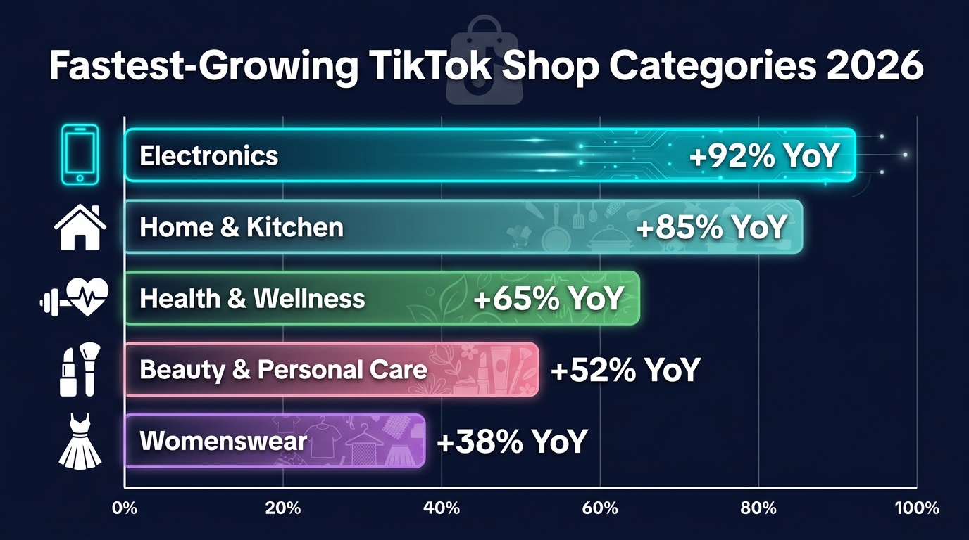 Fastest-growing TikTok Shop product categories in 2026 — Electronics, Home & Kitchen, Health & Wellness, Beauty, Womenswear