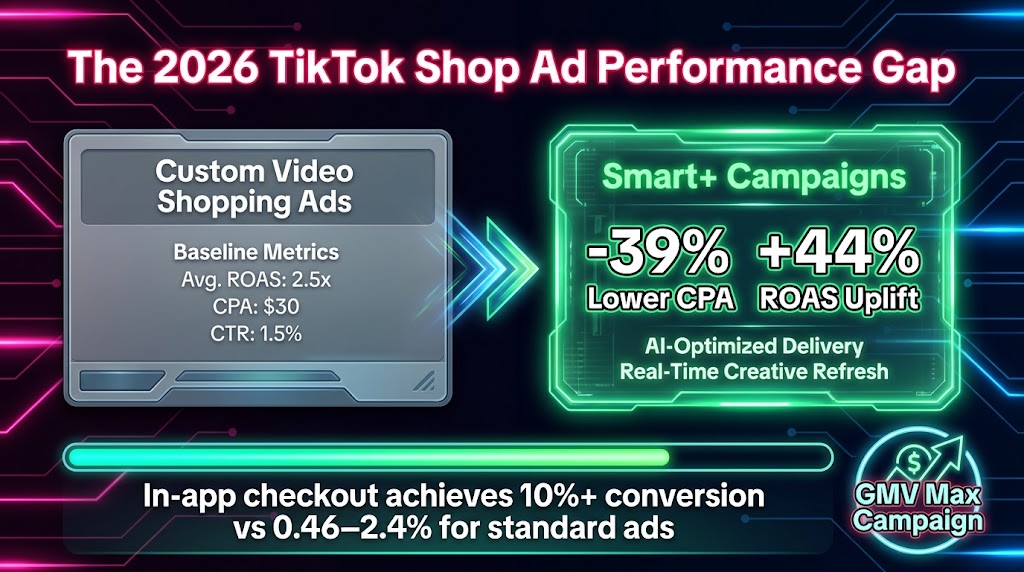 TikTok Shop advertising performance comparison — Smart+ campaigns vs Custom Video Shopping Ads, ROAS and CPA data 2026