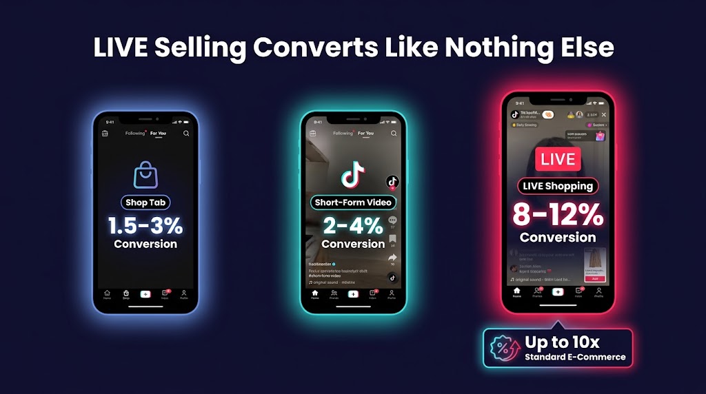 TikTok LIVE shopping conversion rate comparison 2026 — 8-12% vs 2-4% for short-form video vs 1.5-3% for Shop Tab