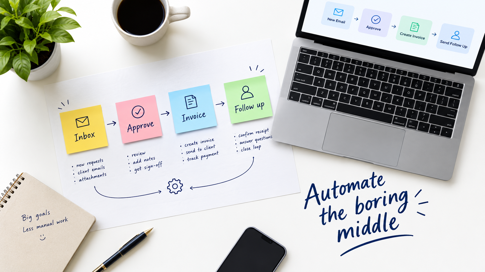 Desk with a printed workflow map of inbox, approve, invoice and follow-up steps