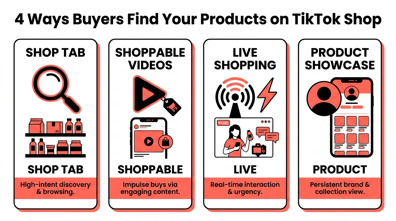 TikTok Shop's four sales channels infographic: Shop Tab, Shoppable Videos, Live Shopping, and Product Showcase