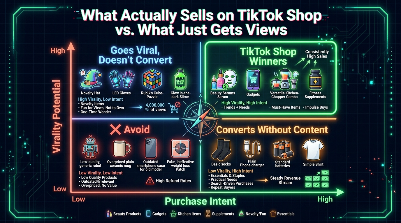 Product selection matrix for TikTok Shop sellers — virality potential vs. purchase intent quadrant chart