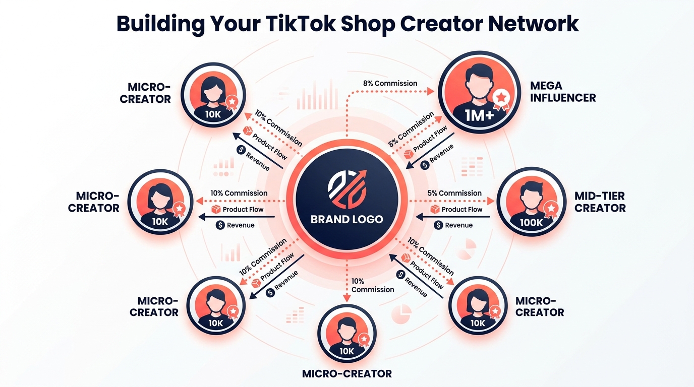 TikTok Shop affiliate creator network diagram showing brand hub connected to mega, mid-tier, and micro-creators with commission flows
