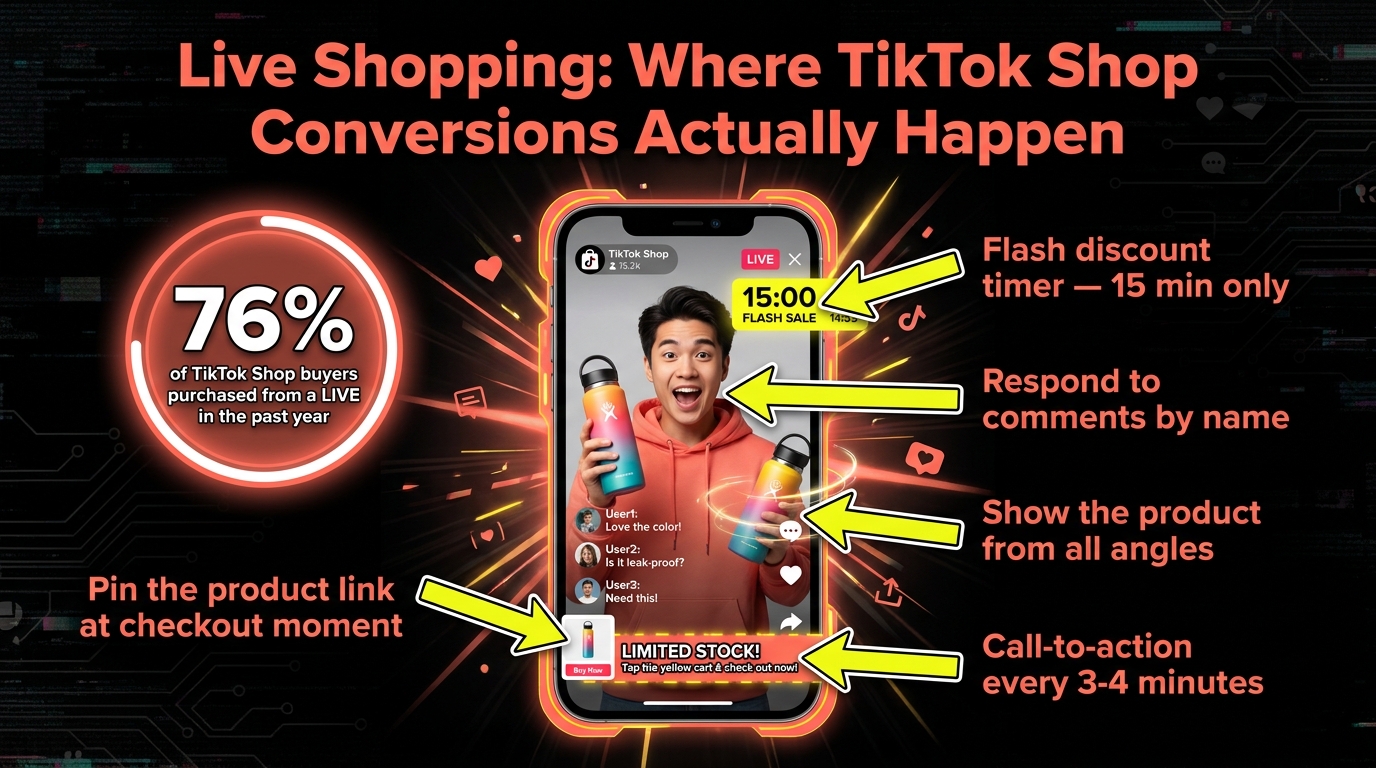 TikTok LIVE shopping session annotated with operational best practices — pinning product links, flash discounts, viewer engagement tactics
