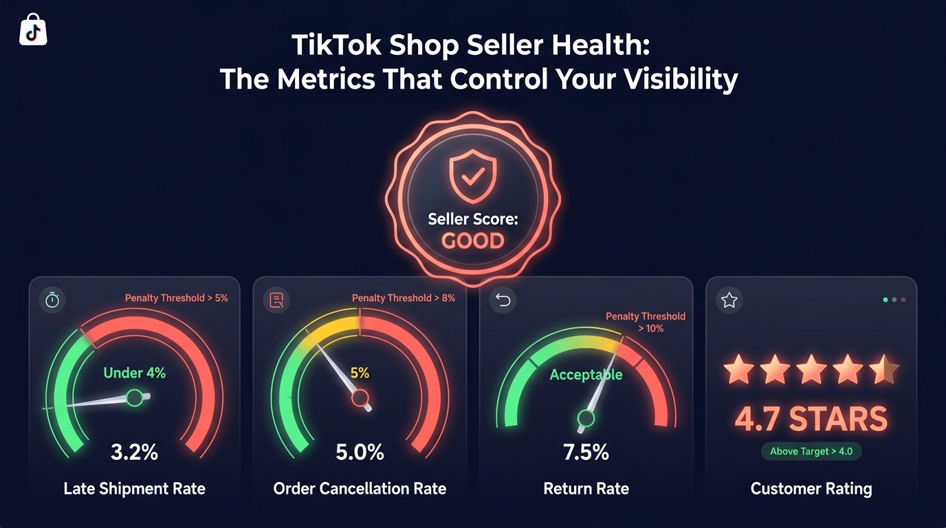 TikTok Shop seller health scorecard dashboard showing late shipment rate, cancellation rate, return rate, and customer rating gauges