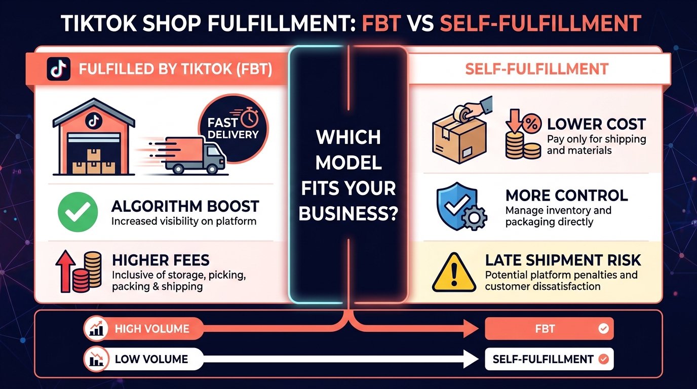 Fulfilled by TikTok vs Self-Fulfillment comparison infographic for TikTok Shop sellers — features, costs, and decision criteria