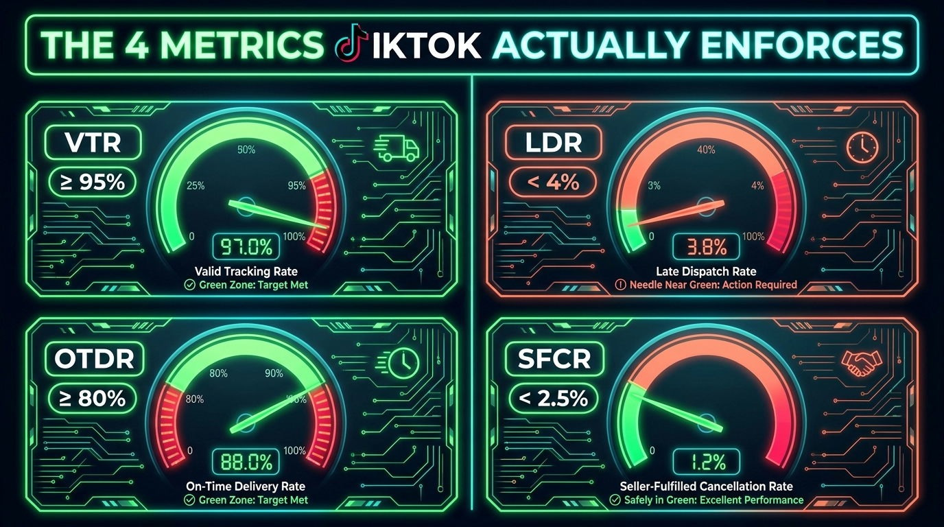 Infographic showing four TikTok Shop fulfillment metrics as dashboard gauges VTR LDR OTDR SFCR with threshold values