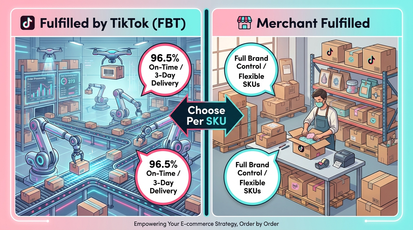 Split comparison of Fulfilled by TikTok FBT showing 96.5% on-time delivery versus merchant fulfilled showing brand control and flexible SKUs