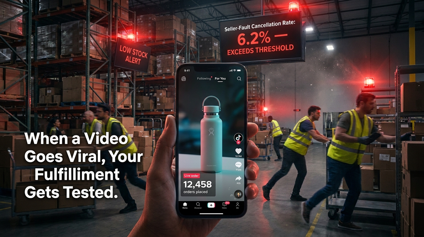 TikTok viral product video with millions of views and climbing order counter while warehouse shows low stock warnings and seller fault cancellation rate alert