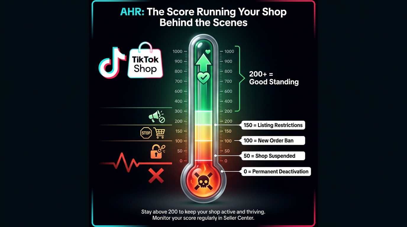 TikTok Shop Account Health Rating AHR scale from 0 to 1000 showing milestone enforcement thresholds at 150 100 50 and 0 points