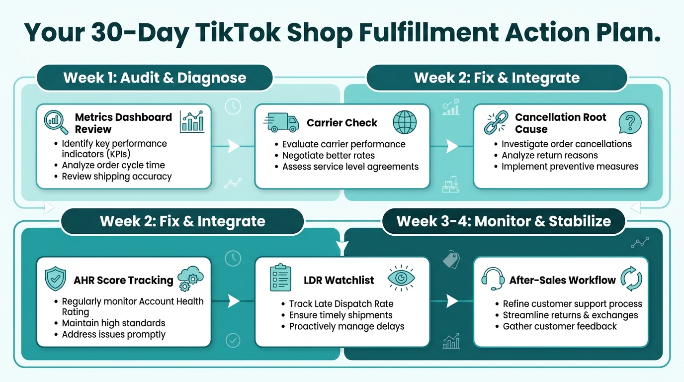 30-day TikTok Shop fulfillment action plan timeline showing three phases audit and diagnose fix and integrate monitor and stabilize