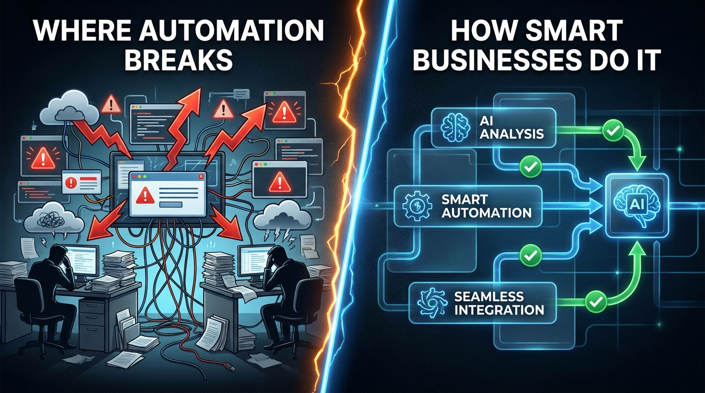 Split-scene infographic showing where automation breaks down on the left and how smart businesses handle AI automation on the right
