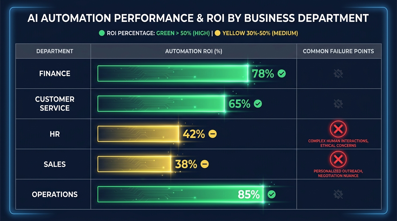 Department-by-department comparison of AI automation ROI across Finance, Customer Service, HR, Sales, and Operations