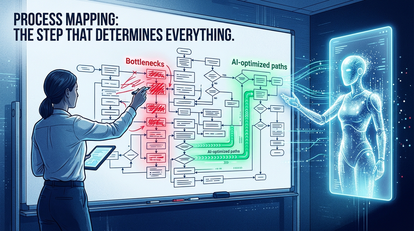 Business analyst and AI interface reviewing a complex process map on a whiteboard, identifying bottlenecks and automation opportunities