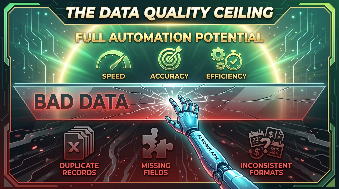 Infographic showing the data quality ceiling blocking AI automation from reaching its full potential, with bad data below and efficiency above