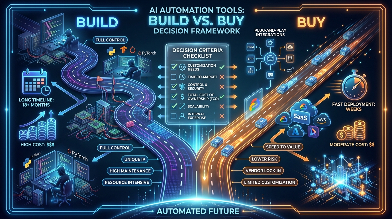 Build vs Buy decision framework for AI automation showing a forked road with custom development on one path and SaaS platforms on the other