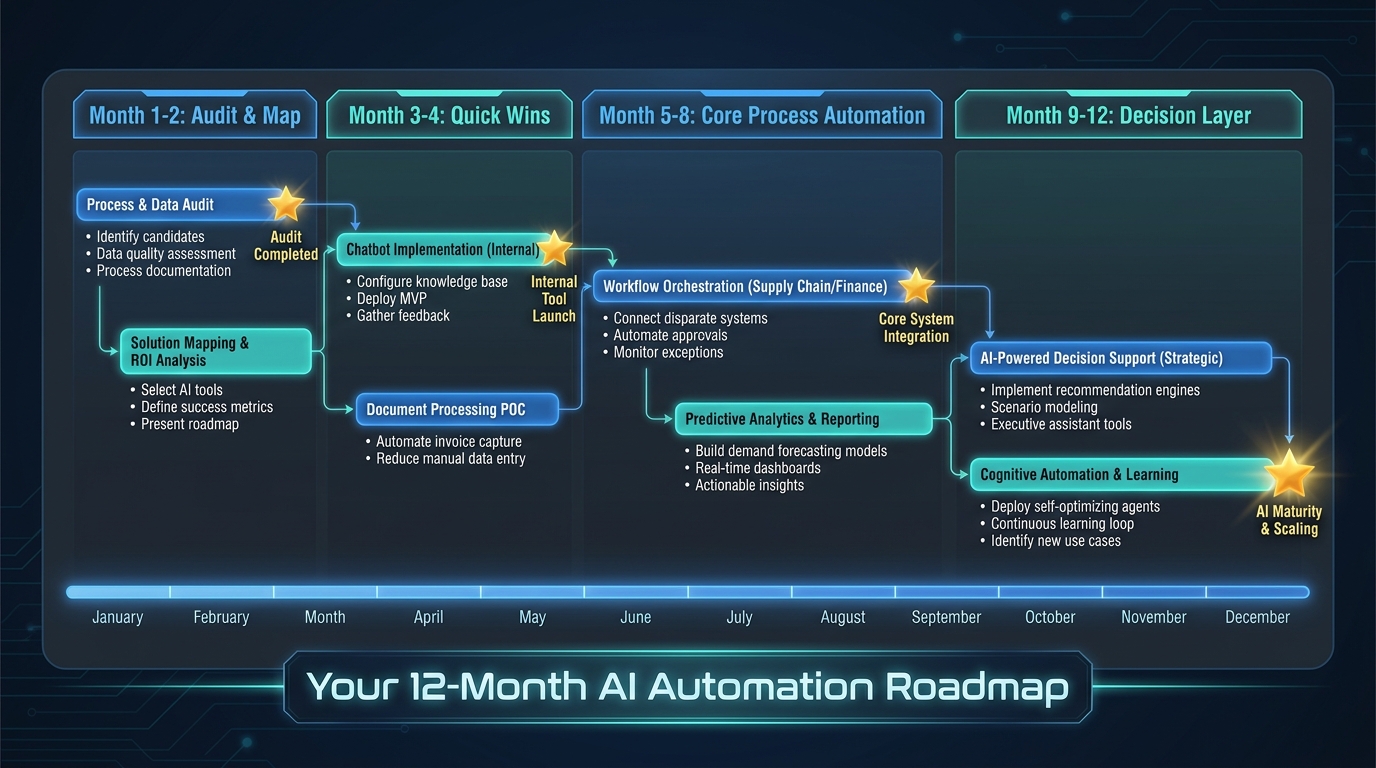 12-month AI automation roadmap showing four phases from audit and mapping through decision layer automation
