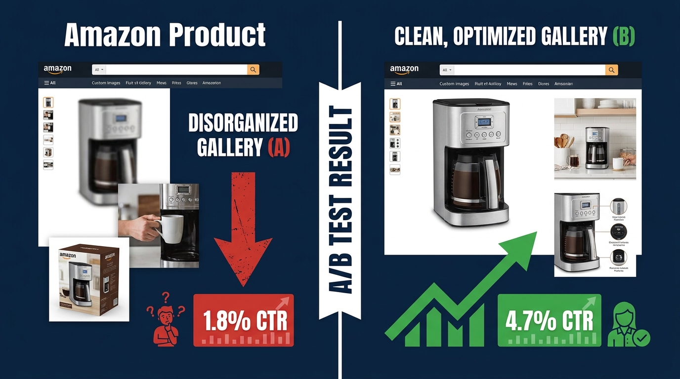 Amazon image A/B testing split screen showing CTR improvement from 1.8% to 4.7% after gallery optimization