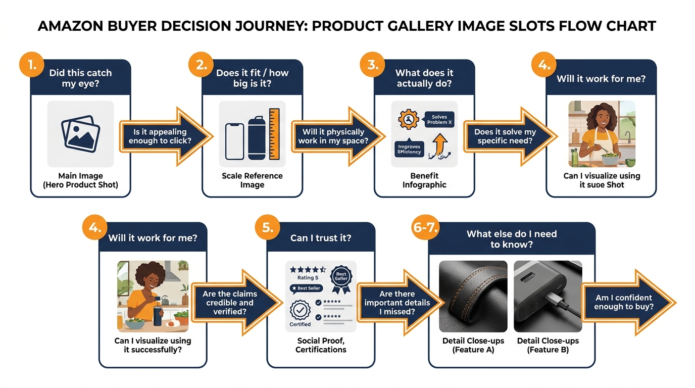 Amazon gallery image slots mapped to buyer decision journey questions — from slot 1 hero image through slot 7 detail shots