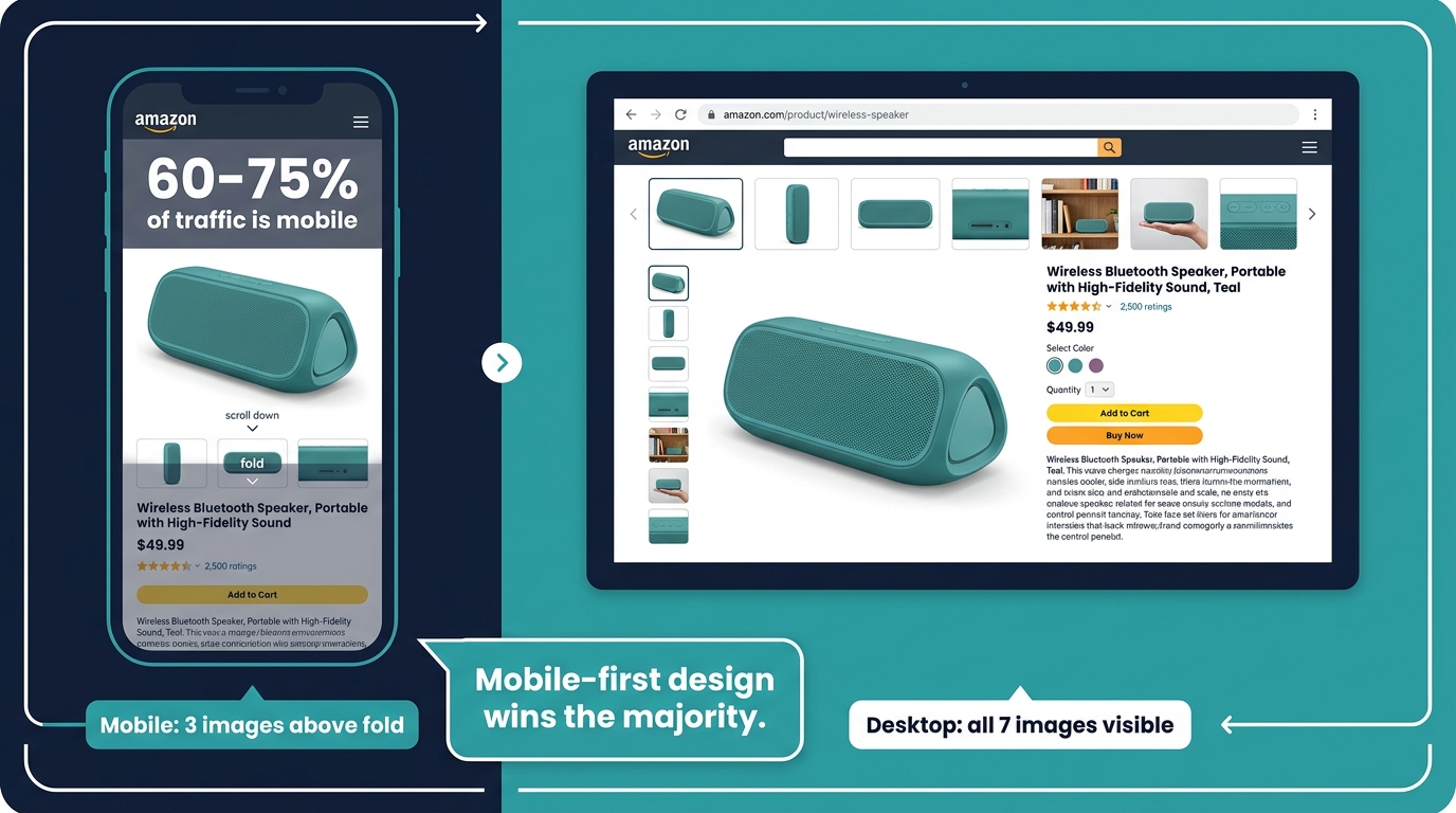 Mobile vs desktop Amazon gallery comparison showing 60-75% of traffic is mobile with only 3 images visible above fold on smartphone