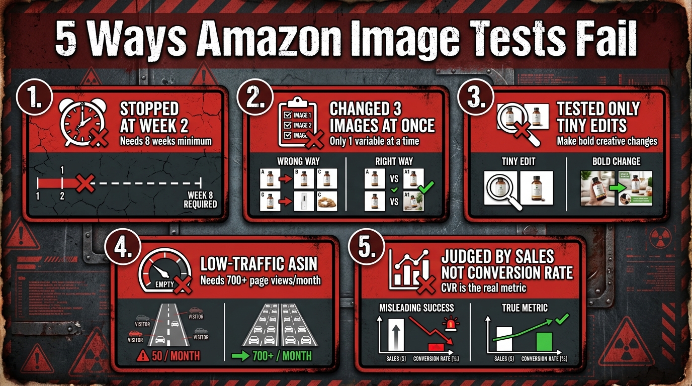 Five warning panels showing the most common Amazon image A/B test failure modes including premature stopping, testing multiple variables, and low-traffic ASINs