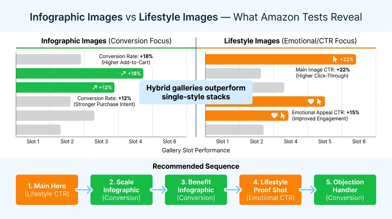 Comparison chart showing infographic images outperforming lifestyle shots in conversion for gallery slots 2-3 while lifestyle wins on CTR and emotional appeal in slots 4-5