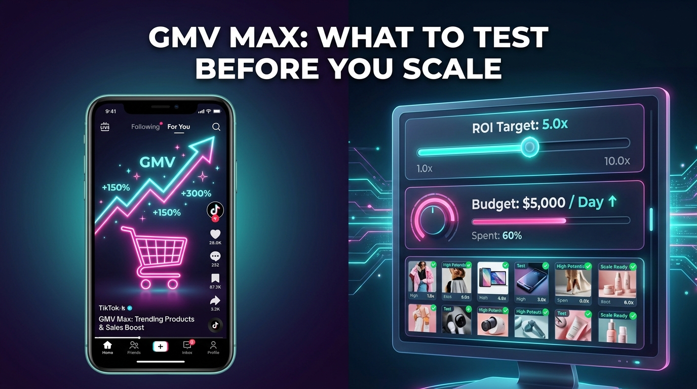 TikTok Shop GMV Max dashboard showing ROI controls and product catalog interface