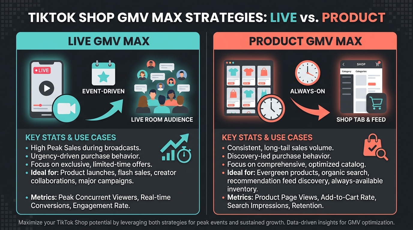 Comparison infographic showing LIVE GMV Max versus Product GMV Max key differences and use cases