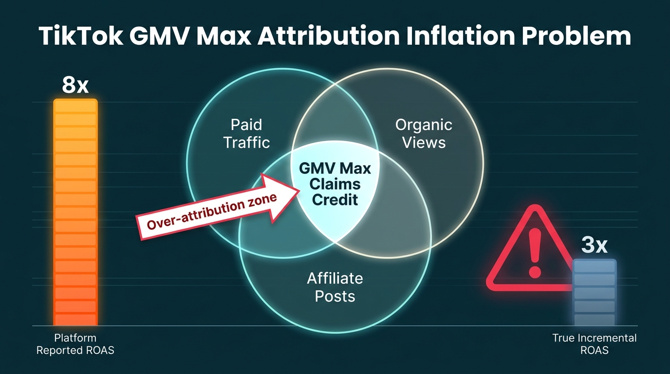 Venn diagram showing how TikTok GMV Max over-attributes credit for paid, organic, and affiliate sales