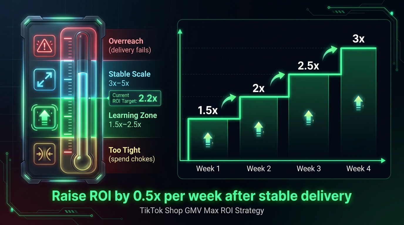 ROI target setting gauge for TikTok GMV Max showing learning zone, stable scale zone, and overreach zone