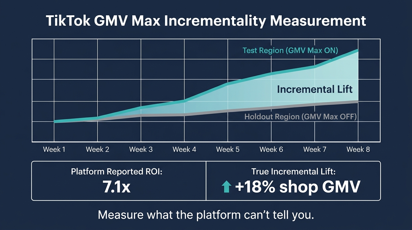 Timeline chart comparing GMV Max on region versus holdout region to measure true incremental lift versus platform reported ROI