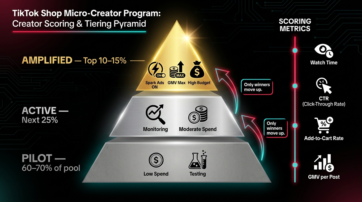TikTok Shop micro-creator performance tier pyramid — Pilot, Active, and Amplified creator tiers with scoring criteria