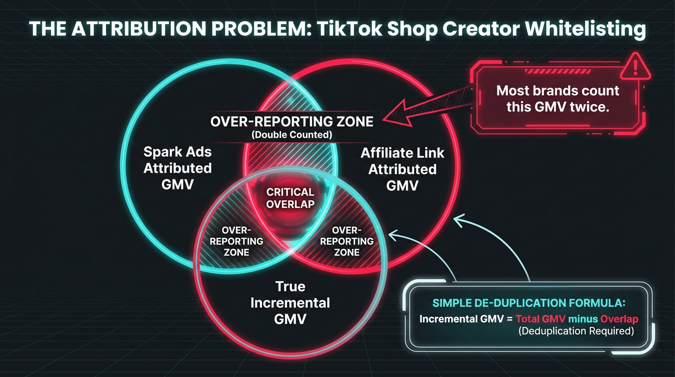 TikTok Shop creator whitelisting attribution overlap — Spark Ads vs affiliate link double-counting problem and de-duplication