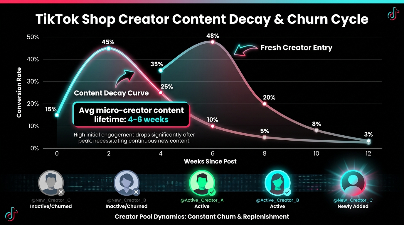 TikTok Shop creator content decay curve — micro-creator content lifecycle, fatigue, and churn management