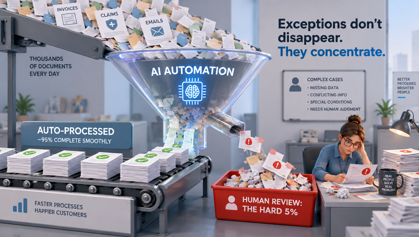Funnel illustration showing most documents auto-processed by AI while the hardest tangled exceptions drop into a human review tray