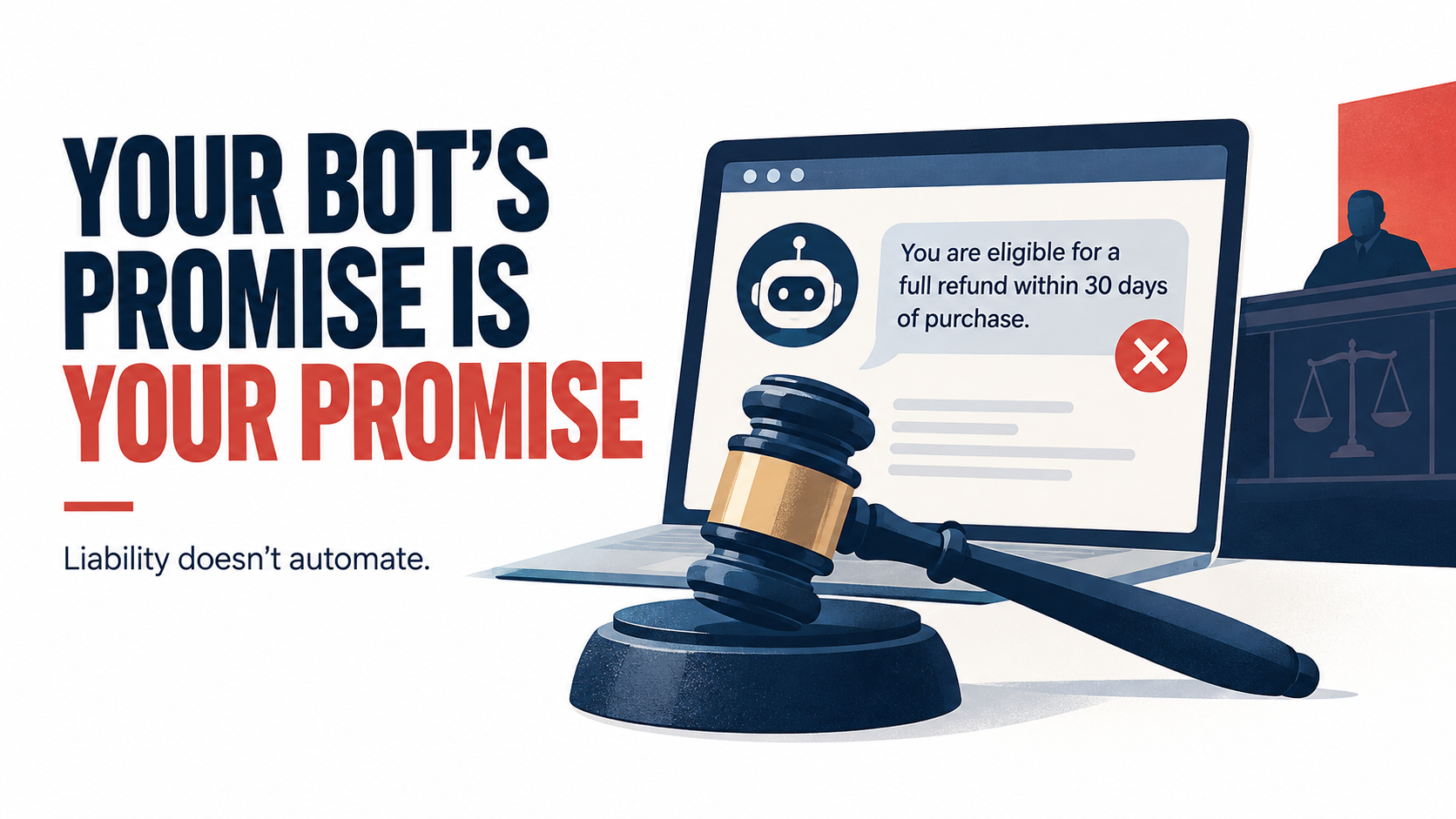 Illustration of a chatbot giving incorrect policy information on a screen with a judge's gavel, captioned Your Bot's Promise Is Your Promise