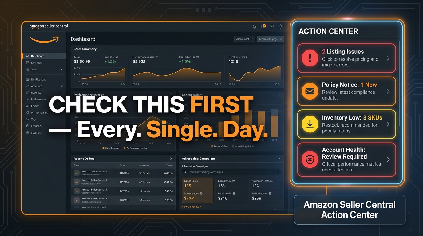 Amazon Seller Central Action Center showing prioritized task alerts for listing issues, policy notices, and inventory warnings