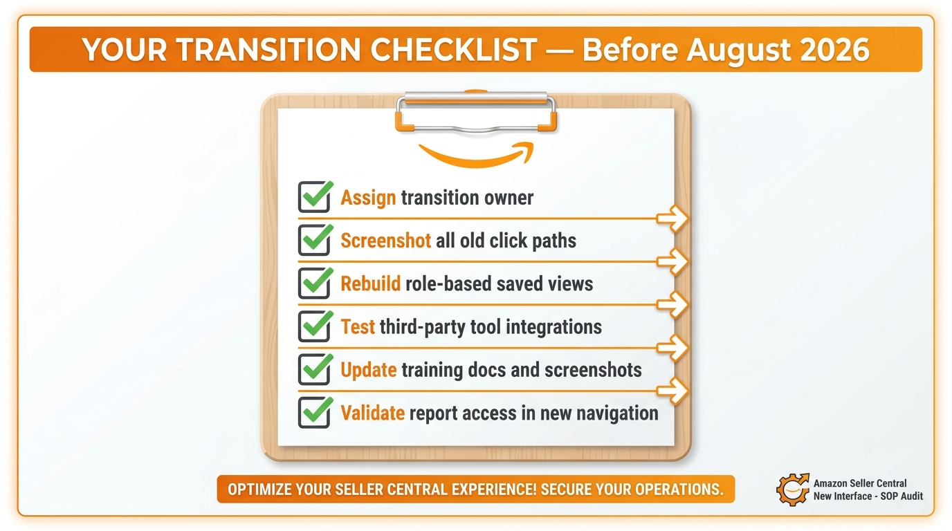 Transition checklist for Amazon Seller Central new interface: assign owner, audit click paths, rebuild role views, test integrations, update docs