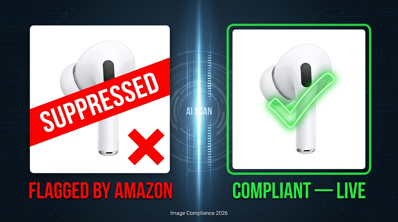 Split-screen showing Amazon product image flagged as SUPPRESSED versus compliant and live in 2026
