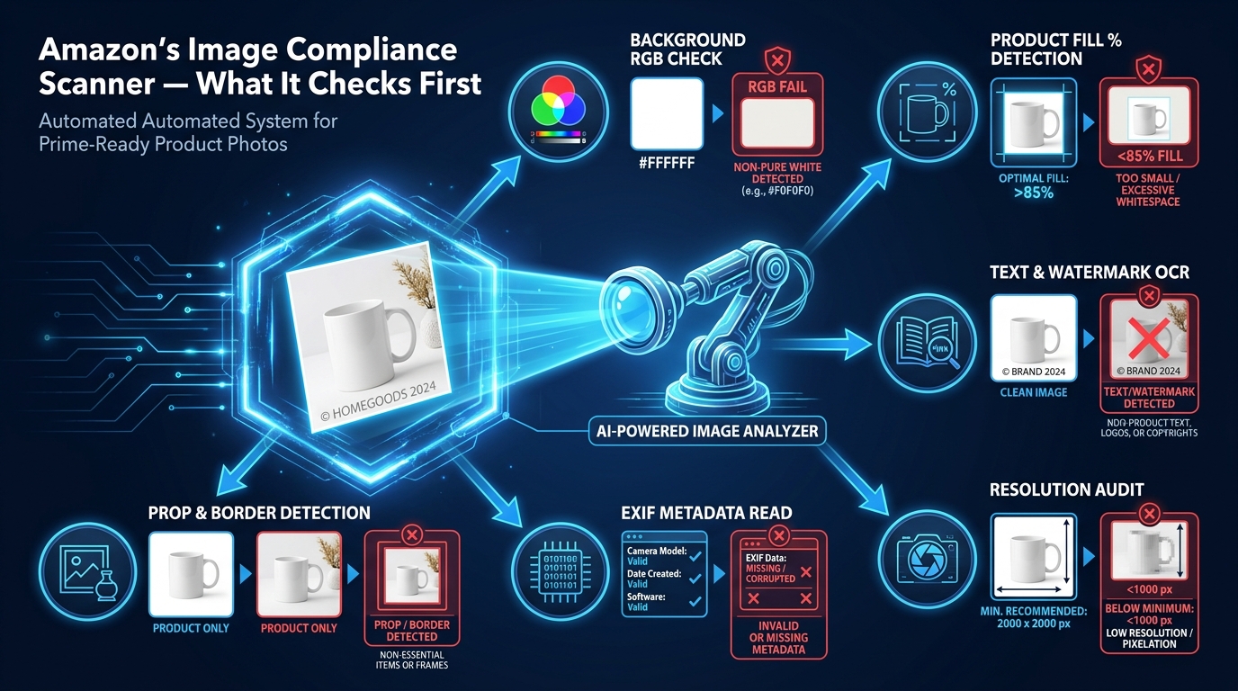 Technical infographic of Amazon's image compliance scanner showing all checks: background RGB, product fill, text detection, resolution, EXIF metadata, and prop detection