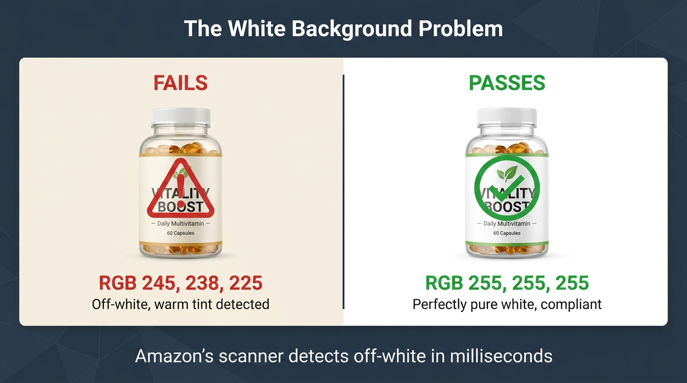 Side-by-side comparison of off-white background (RGB 245/238/225) failing Amazon's scanner versus pure white (RGB 255/255/255) passing, with supplement bottle product