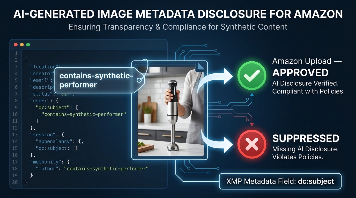 Infographic showing the Amazon AI image metadata disclosure requirement: contains-synthetic-performer XMP tag in dc:subject field, with approved and suppressed outcome paths