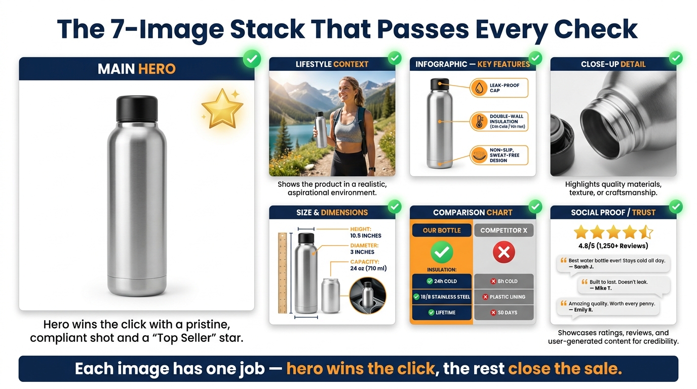 Ideal Amazon 7-image stack layout showing main hero, lifestyle context, infographic features, close-up detail, size guide, comparison chart, and social proof images all with green compliance checkmarks