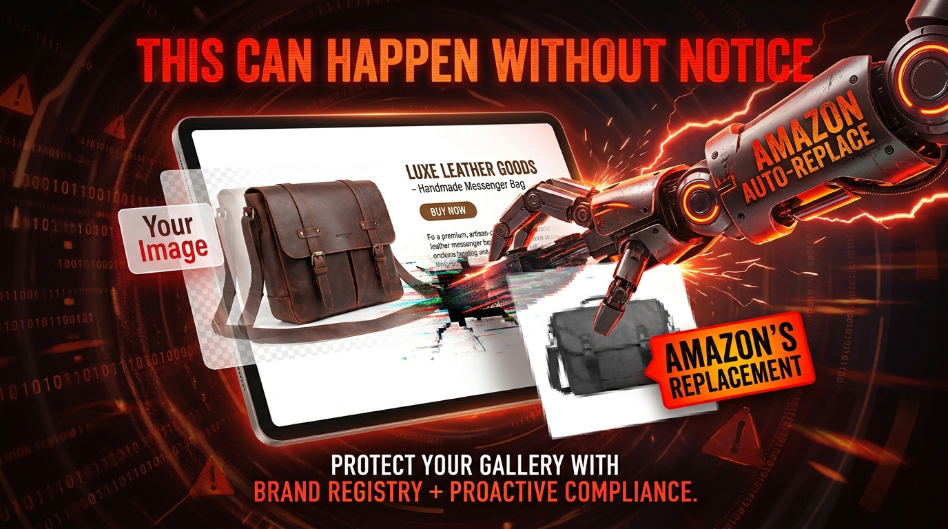 Dramatic infographic showing Amazon's automated image replacement process replacing a brand's carefully crafted listing image with an alternate image without notice
