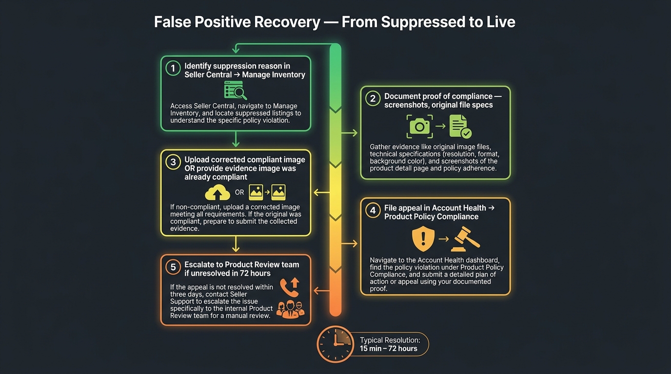 5-step false positive recovery protocol timeline from suppression to live listing, showing Seller Central path, documentation, appeal, and escalation steps, with resolution time of 15 minutes to 72 hours