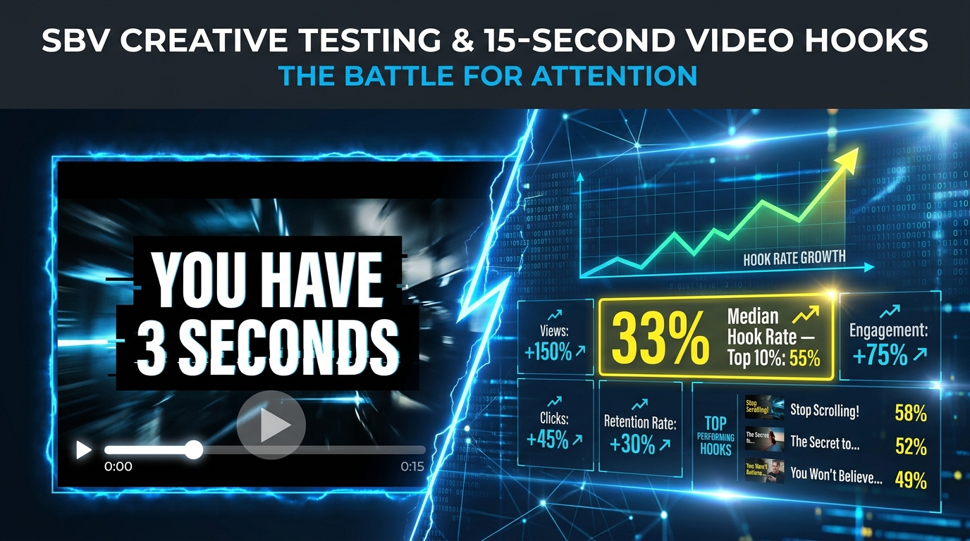 SBV creative testing hero image showing a 15-second video hook performance dashboard with hook rate benchmarks and rising metrics