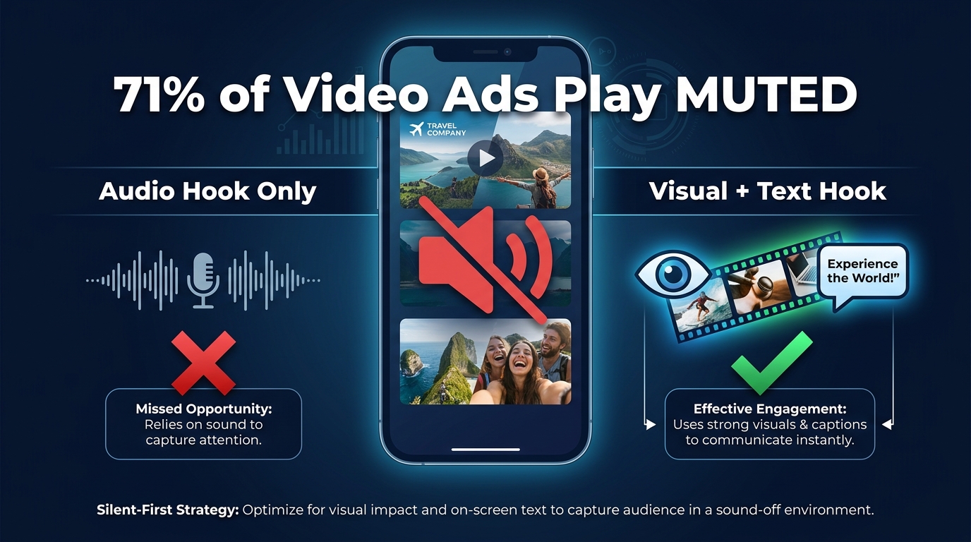 Infographic showing 71% of video ads play muted, comparing audio-only hooks versus visual plus text overlay hooks for performance advertising