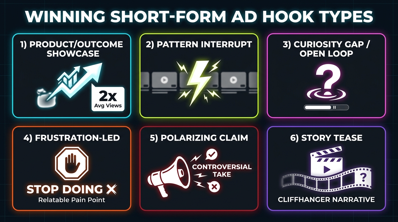 Visual taxonomy of 6 winning video hook types including product outcome showcase, pattern interrupt, curiosity gap, frustration-led, polarizing claim, and story tease