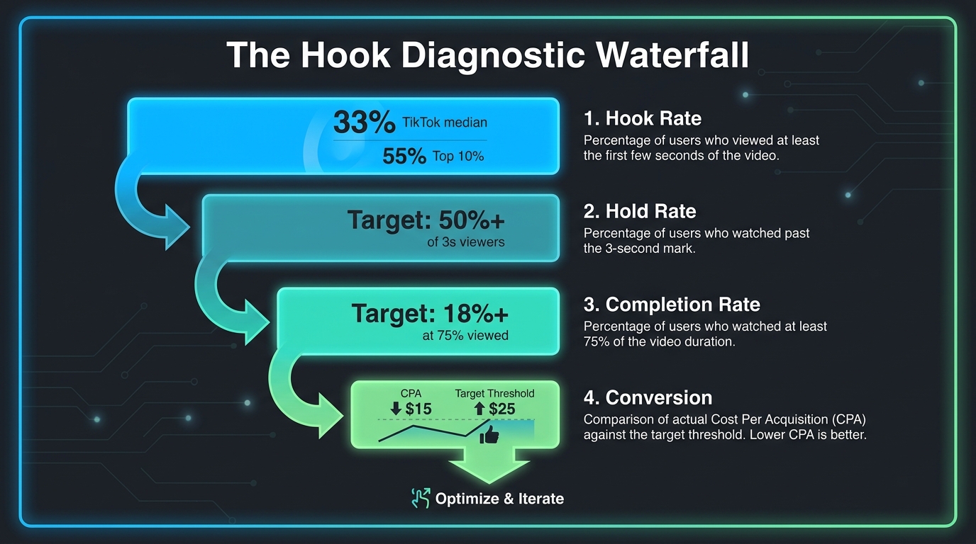 Hook diagnostic waterfall infographic showing four stages: hook rate, hold rate, completion rate, and conversion with 2026 benchmarks for Meta and TikTok