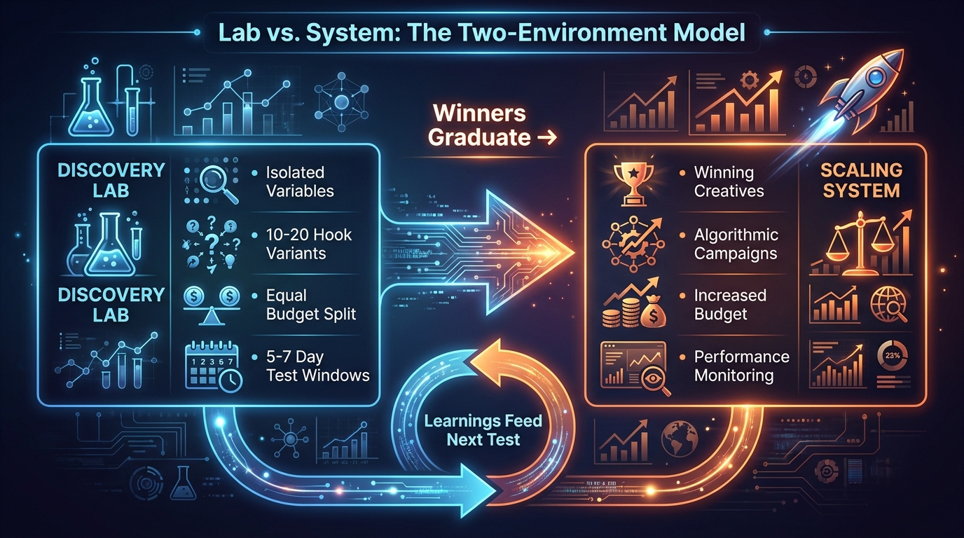 Lab versus system creative testing architecture diagram showing discovery lab and scaling system environments with feedback loop for paid social video